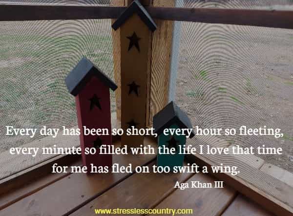 Every day has been so short, every hour so fleeting, every minute so filled with the life I love that time for me has fled on too swift a wing.