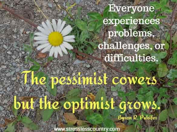 Everyone experiences problems, challenges, or difficulties. The pessimist cowers but the optimist grows. 