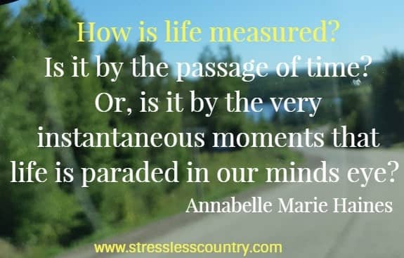 How is life measured? Is it by the passage of time? Or, is it by the very instantaneous moments that life is paraded in our minds eye? Annabelle Marie Haines
