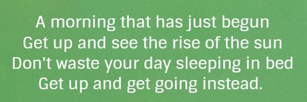 A morning that has just begun Get up and see the rise of the sun Don't waste your day sleeping in bed Get up and get going instead.