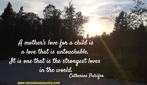 A mother's love for a child is a love that is untouchable.  It is one that is the strongest loves in the world. Catherine Pulsifer