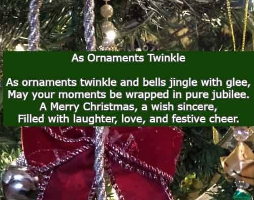 As ornaments twinkle and bells jingle with glee, May your moments be wrapped in pure jubilee. A Merry Christmas, a wish sincere, Filled with laughter, love, and festive cheer.