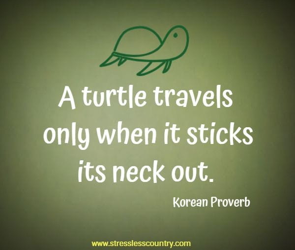 A turtle travels only when it sticks its neck out.