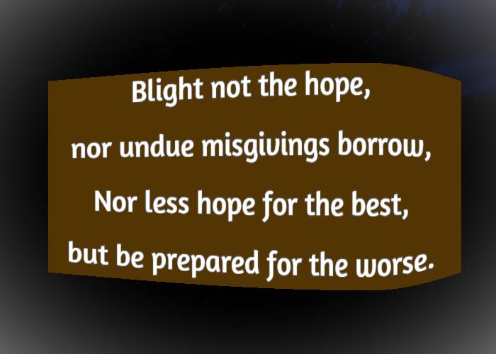 Blight not the hope, nor undue misgivings borrow, Nor less hope for the best, but be prepared for the worse.