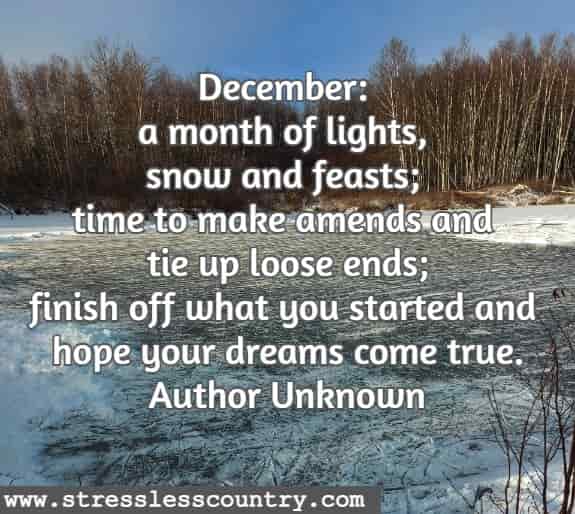 December: a month of lights, snow and feasts; time to make amends and tie up loose ends; finish off what you started and hope your dreams come true.
