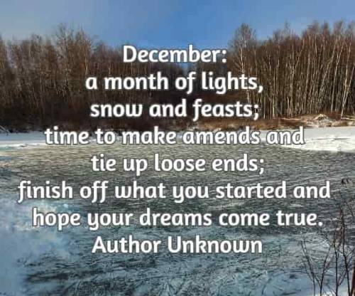 December: a month of lights, snow and feasts; time to make amends and tie up loose ends; finish off what you started and hope your dreams come true.