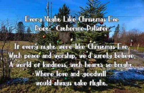 Every Night Like Christmas Eve Poet: Catherine Pulsifer If every night were like Christmas Eve, With peace and worship, we'd surely believe, A world of kindness, with hearts so bright, Where love and goodwill would always take flight.
