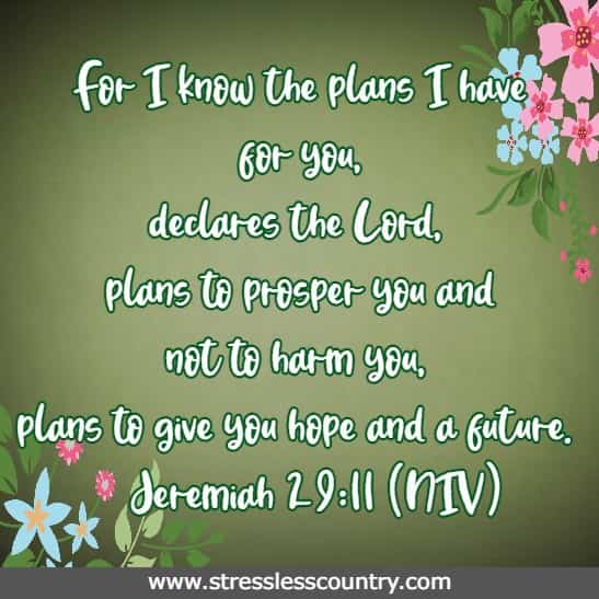 For I know the plans I have for you, declares the Lord, plans to prosper you and not to harm you, plans to give you hope and a future.