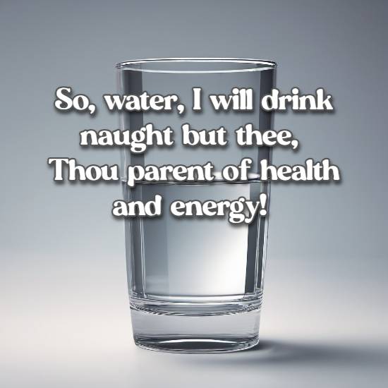 So, water, I will drink naught but thee, Thou parent of health and energy!
