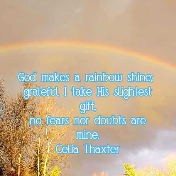	God makes a rainbow shine; grateful I take His slightest gift, no fears nor doubts are mine.