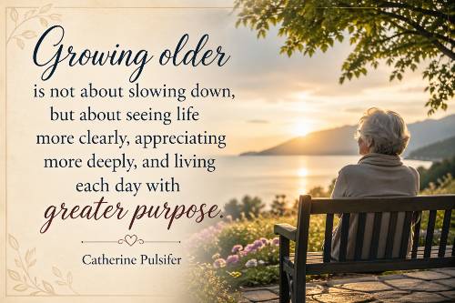 Growing older is not about slowing down, but about seeing life more clearly, appreciating more deeply, and living each day with greater purpose. Catherine Pulsifer