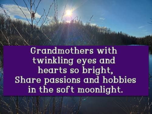 Grandmothers with twinkling eyes and hearts so bright, Share passions and hobbies in the soft moonlight.