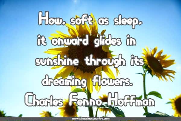 How, soft as sleep, it onward glides in sunshine through its dreaming flowers.