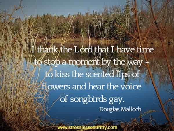  I thank the Lord that I have time to stop a moment by the way - to kiss the scented lips of flowers and hear the voice of songbirds gay.