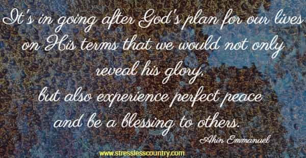 It's in going after God's plan for our lives on His terms that we would not only reveal his glory, but also experience perfect peace and be a blessing to others.  Akin Emmanuel