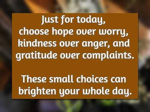 Just for today, choose hope over worry, kindness over anger, and gratitude over complaints—these small choices can brighten your whole day.