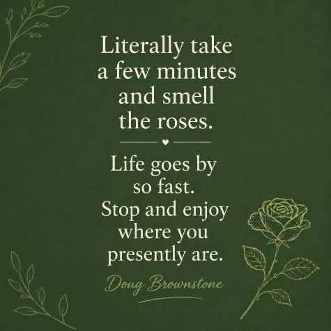 Literally take a few minutes and smell the roses. Life goes by so fast. Stop and enjoy where you presently are.Doug Brownstone