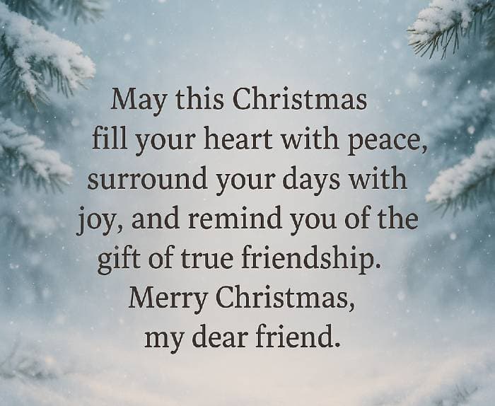 May this Christmas fill your heart with peace, surround your days with joy, and remind you of the gift of true friendship. Merry Christmas, my dear friend.
