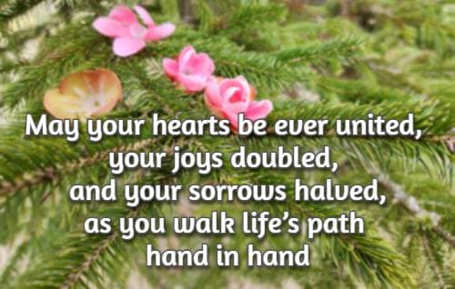 May your hearts be ever united, your joys doubled, and your sorrows halved, as you walk life’s path hand in hand.