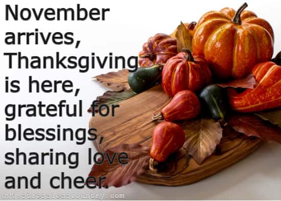 November arrives, Thanksgiving is here, grateful for blessings, sharing love and cheer.