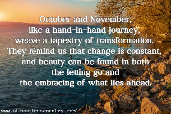    October and November, like a hand-in-hand journey, weave a tapestry of transformation. They remind us that change is constant, and beauty can be found in both the letting go and the embracing of what lies ahead.