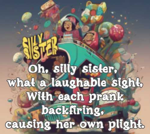 Oh, silly sister, what a laughable sight, With each prank backfiring, causing her own plight.