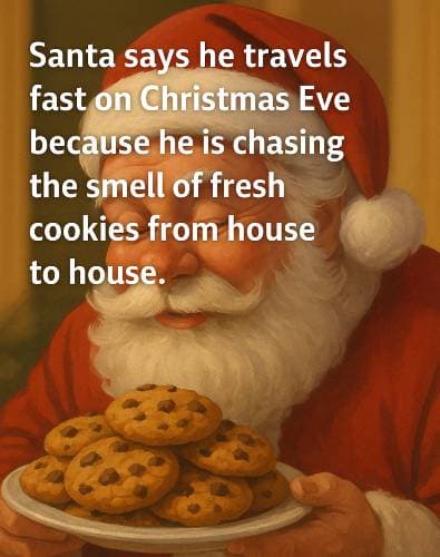 Santa says he travels fast on Christmas Eve because he is chasing the smell of fresh cookies from house to house.