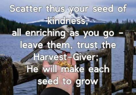 Scatter thus your seed of kindness, all enriching as you go - leave them, trust the Harvest-Giver; He will make each seed to grow.