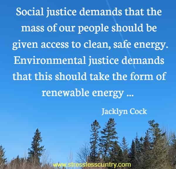 Social justice demands that the mass of our people should be given access to clean, safe energy. Environmental justice demands that this should take the form of renewable energy ...