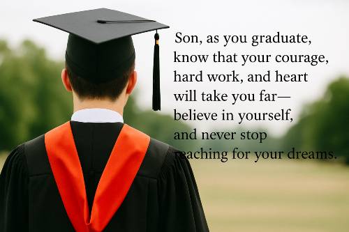 Son, as you graduate, know that your courage, hard work, and heart will take you far, believe in yourself, and never stop reaching for your dreams.