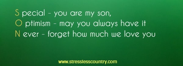 S pecial - you are my son,  O ptimism - may you always have it  N ever - forget how much we love you