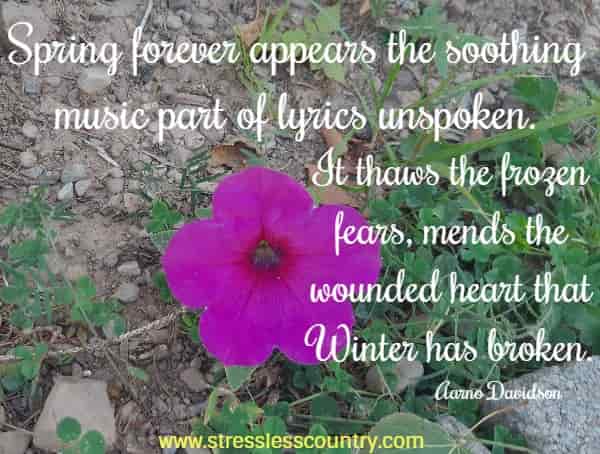 Spring forever appears the soothing music part of lyrics unspoken. It thaws the frozen fears, mends the wounded heart that Winter has broken. Aarno Davidson