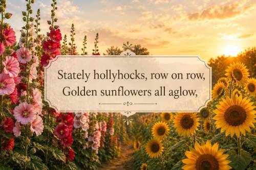 Stately hollyhocks, row on row, Golden sunflowers all aglow,