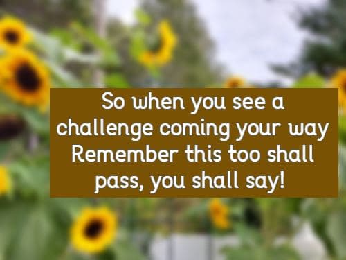 So when you see a challenge coming your way Remember this too shall pass, you shall say!