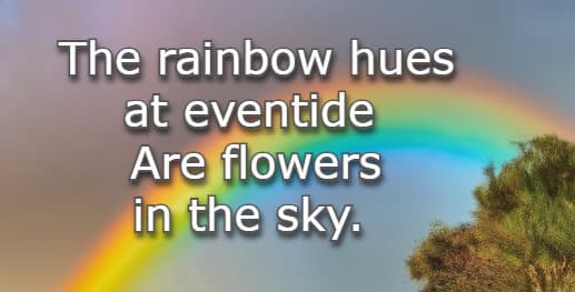 The rainbow hues at eventide Are flowers in the sky