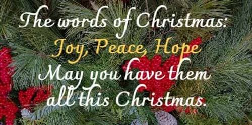 the words of christmas:  joy, peace, hope May you have them all this Christmas