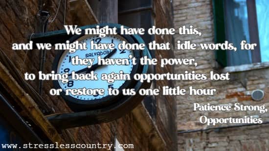 We might have done this, and we might have done that-idle words, for they haven't the power, to bring back again opportunities lost - or restore to us one little hour   Patience Strong, Opportunities