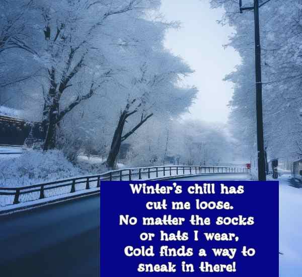 Winter’s chill has cut me loose.No matter the socks or hats I wear, Cold finds a way to sneak in there!