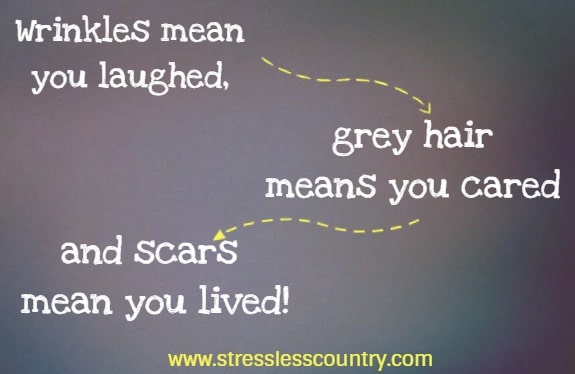 wrinkles mean you laughed, grey hair means you cared and scars mean you lived!